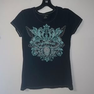 Cute! Dkny Jeans Black Graphic Tee With Bedazzled Heart Decal